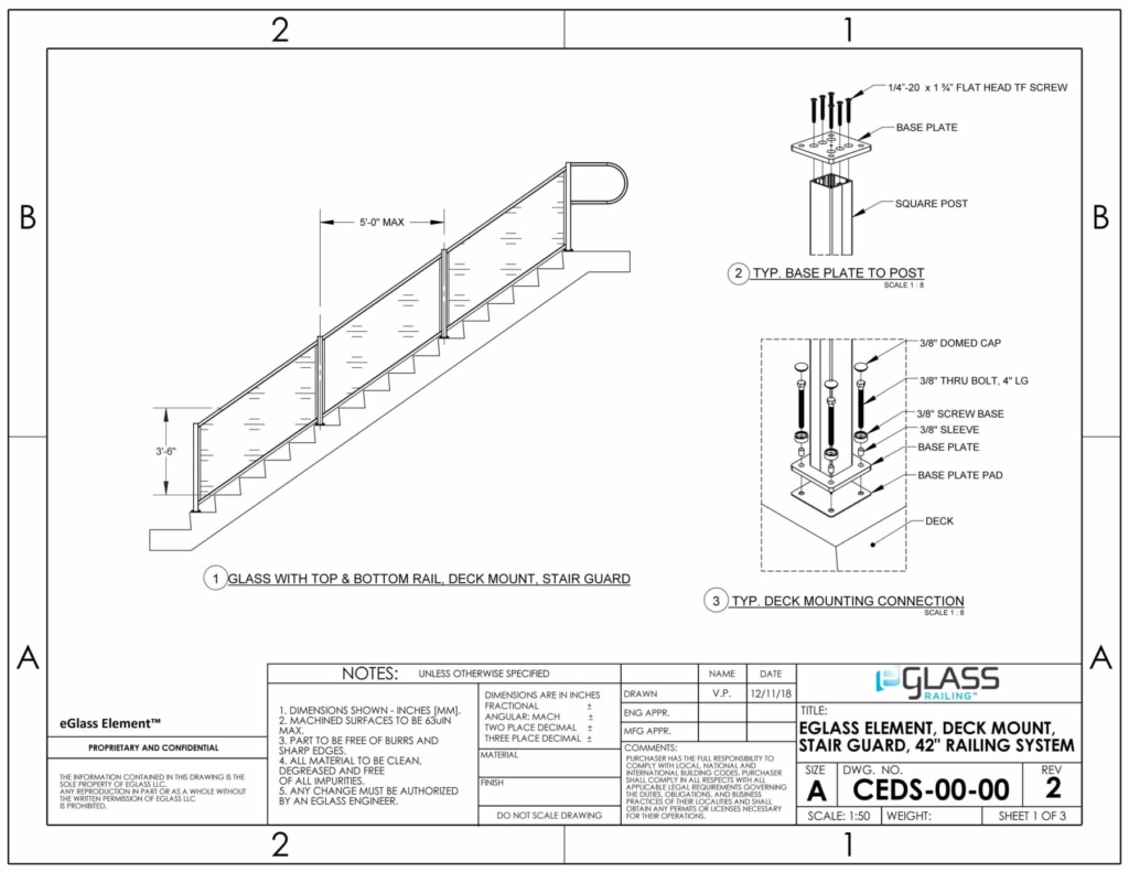 eGlass Element™ System Drawings Deck Mount for Stairs | Glass Railing ...